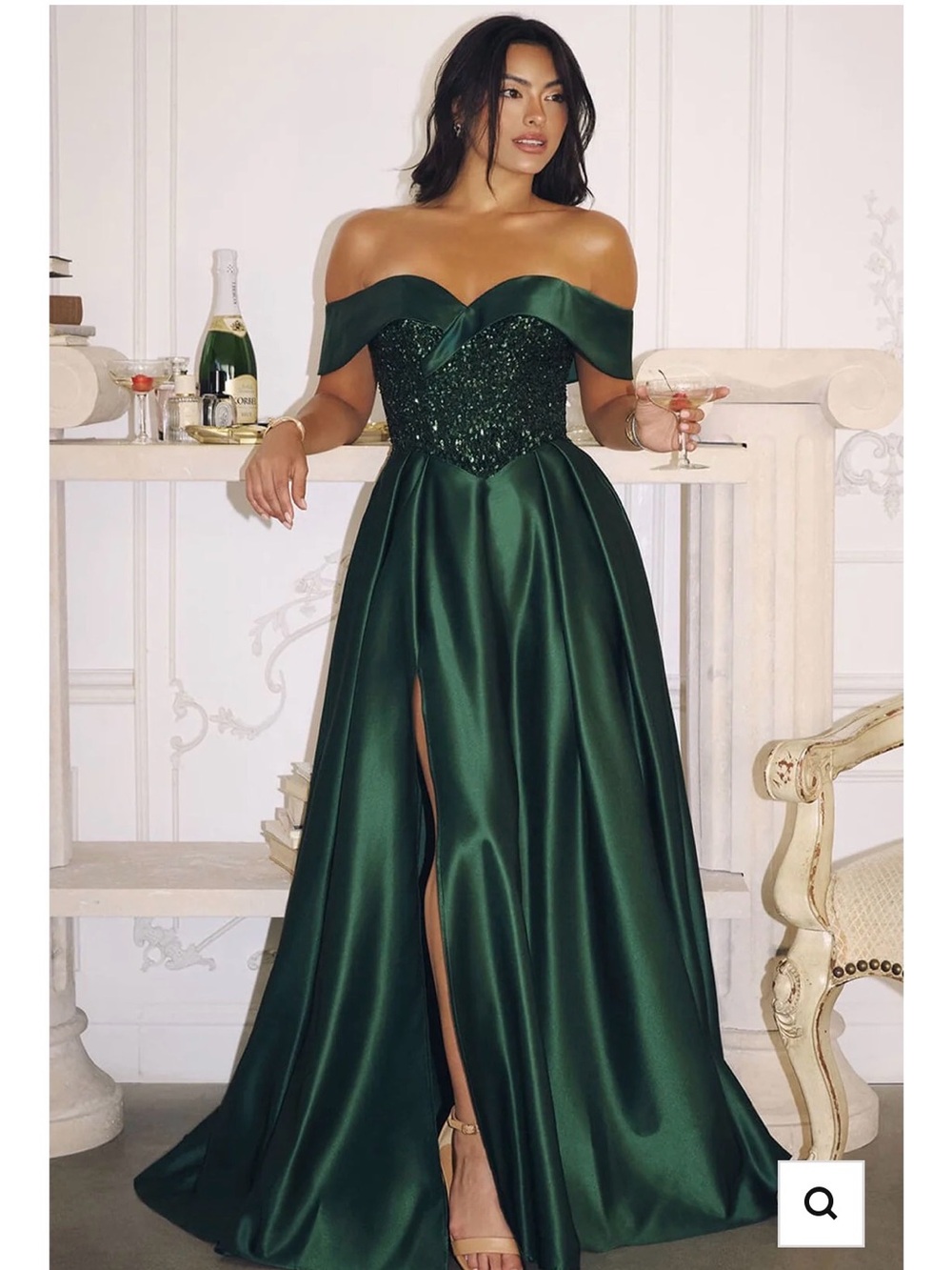 Off-Shoulder Emerald Green Satin Prom Gown with Beaded Bodice
